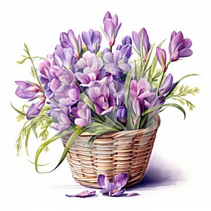 Beautiful Purple Crocus Bouquet In Basket - Romantic Realism Illustration