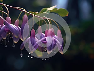 Beautiful purple flower with drops of water on it. These drops are located near base of stem, and they give flower an