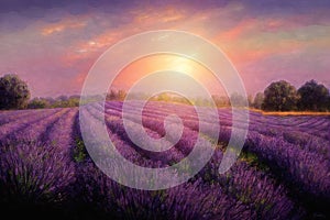 Beautiful purple lavender field at sunset. Painting effect.