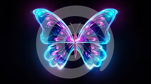 beautiful purple neon glowing butterfly illustration at black background, colorful magic wallpaper