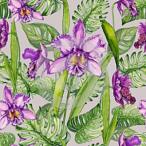 Beautiful purple orchid flowers and monstera leaves on light gray background. Seamless tropical floral pattern.