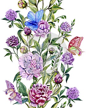 Beautiful purple peony flowers on a stems with green leaves and bright butterflies sitting on them. Seamless floral pattern.