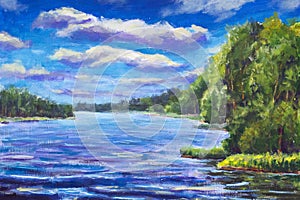 Beautiful purple river, Large clouds against blue sky, green river banks, Belarusian lake Original Oil Painting on canvas. Colorfu