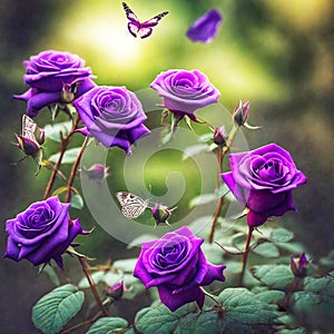 beautiful purple rose bloomed and a butterfly butterflies flying around.