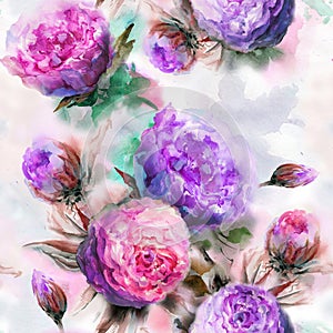 Beautiful purple roses  with green leaves on blurred watercolor background. Seamless floral pattern. Watercolor painting