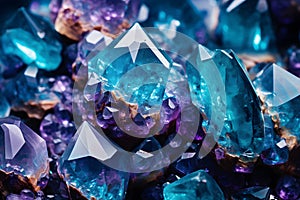 Beautiful purple and teal blue geodes inside crystal rock