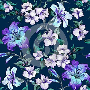 Beautiful purple tiger lilies on twigs on deep blue background. Seamless floral pattern. Watercolor painting.