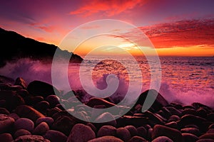 Purple tinted waves breaking on a rocky beach at sunset over Porth Nanven in the Cot Valley of Cornwall, England photo