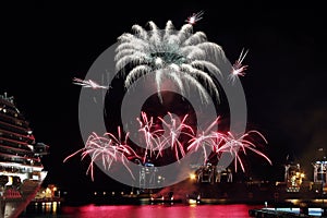 Beautiful and pyrotechnic fireworks in Genoa, Italy / Fireworks in Genoa harbor, Italy