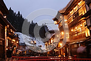 Beautiful and quaint Ginzan Onsen in Obanazawa during the winter time in the snow.