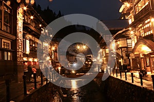Beautiful and quaint Ginzan Onsen in Obanazawa during the winter time in the snow.