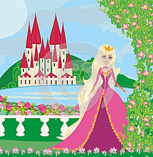 Beautiful queen in front of her castle