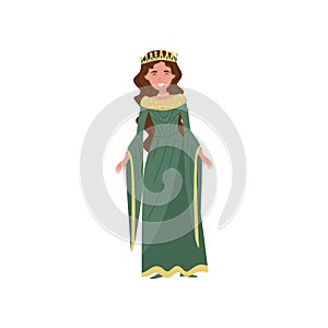Beautiful queen in green dress, fairytale character vector Illustration on a white background