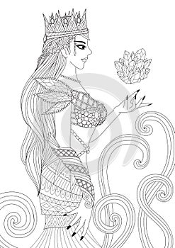 Beautiful queen witch doing black magic for coloring book pages for anti stress and design element for Holloween theme. Vector ill