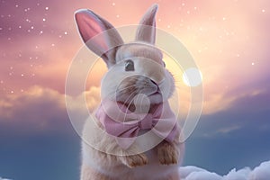 Beautiful Rabbit Wearing Ribbon Standing in the Pastel Sky with Dreamland Concept