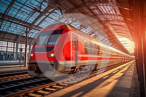 Beautiful railway station with modern red commuter train at suns