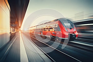 Beautiful railway station with modern red commuter train at suns photo