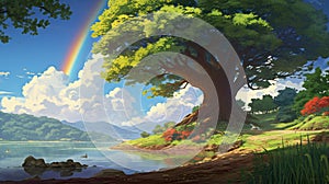 Beautiful Rainbow With Canopy Tree In Makoto Shinkai-inspired Cartoon Style