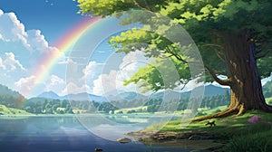 Beautiful Rainbow With Canopy Tree In Makoto Shinkai-inspired Cartoon Style
