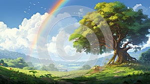 Beautiful Rainbow With Canopy Tree In Makoto Shinkai-inspired Cartoon Style