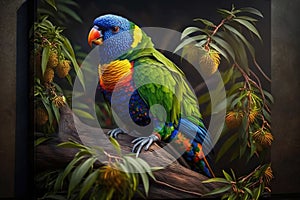 Beautiful Rainbow Lorikeet Full Body In Forest. Colorful and Vibrant Animal.