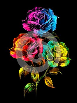 Beautiful rainbow roses on black artwork