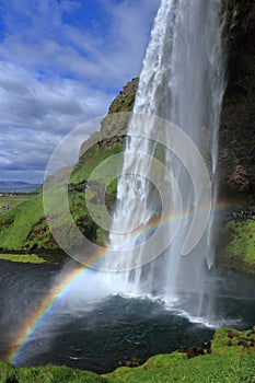 Beautiful Rainbow at Seljalandsfoss Waterfall, South Coast of Iceland