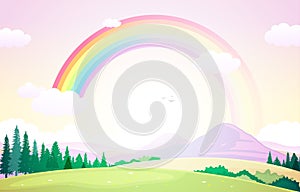 Beautiful Rainbow Sky with Green Meadow Mountain Nature Landscape Illustration