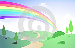 Beautiful Rainbow Sky with Green Meadow Mountain Nature Landscape Illustration