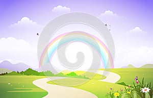 Beautiful Rainbow Sky with Green Meadow Mountain Nature Landscape Illustration