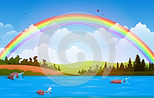 Beautiful Rainbow Sky with Green Meadow Mountain Nature Landscape Illustration