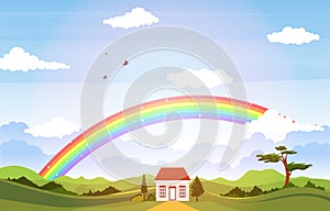 Beautiful Rainbow Sky with Green Meadow Mountain Nature Landscape Illustration