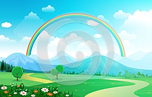 Beautiful Rainbow Sky with Green Meadow Mountain Nature Landscape Illustration