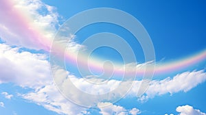 A beautiful rainbow in the sky with white clouds and blue sky in the background