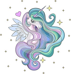 A beautiful rainbow unicorn with a long mane among the stars.