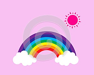 Beautiful rainbow with white clouds and sun isolated on pink background for kids - vector