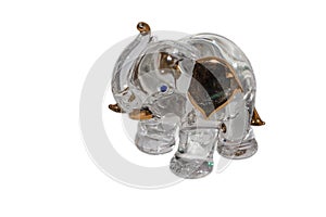 A beautiful rainbow white glass transparent figure of an elephant with golden ears and tusks was isolated on white