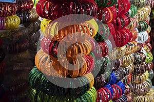 Beautiful Rajasthani Bangles, being sold at famous Sardar Market and Ghanta ghar Clock tower in Jodhpur, Rajasthan, India