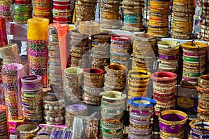 Beautiful Rajasthani Bangles, being sold at famous Sardar Market and Ghanta ghar Clock tower in Jodhpur, Rajasthan, India