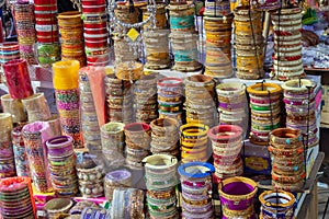 Beautiful Rajasthani Bangles being sold, at famous Sardar Market and Ghanta ghar Clock tower in Jodhpur, Rajasthan, India