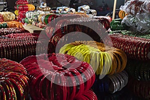 Beautiful Rajasthani Bangles being sold, at famous Sardar Market and Ghanta ghar Clock tower in Jodhpur, Rajasthan, India