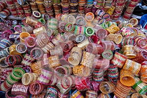 Beautiful Rajasthani Bangles, being sold at famous Sardar Market and Ghanta ghar Clock tower in Jodhpur, Rajasthan, India