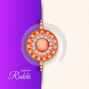 Beautiful rakhi made by stones on purple and white seamless pattern background.