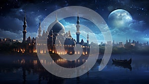 beautiful ramadan banner with a mosque on the coast in the background of the sky with the moon