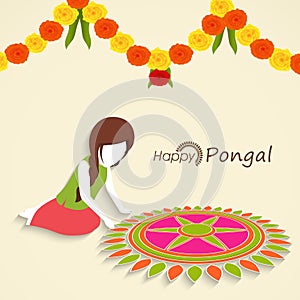 Beautiful rangoli decoration for South Indian festival, Happy Pongal.