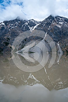 Beautiful Ranwu Lake snow mountains reflection  in summer