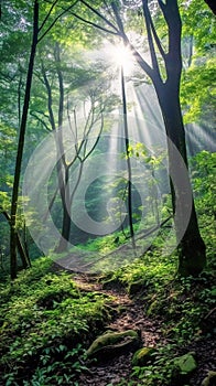 Beautiful rays of sunlight in a green forest