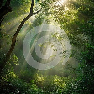 Beautiful rays of sunlight in a green forest