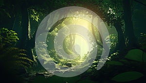 beautiful rays of sunlight in a green forest, digital art illustration, Generative AI