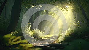 beautiful rays of sunlight in a green forest, digital art illustration, Generative AI